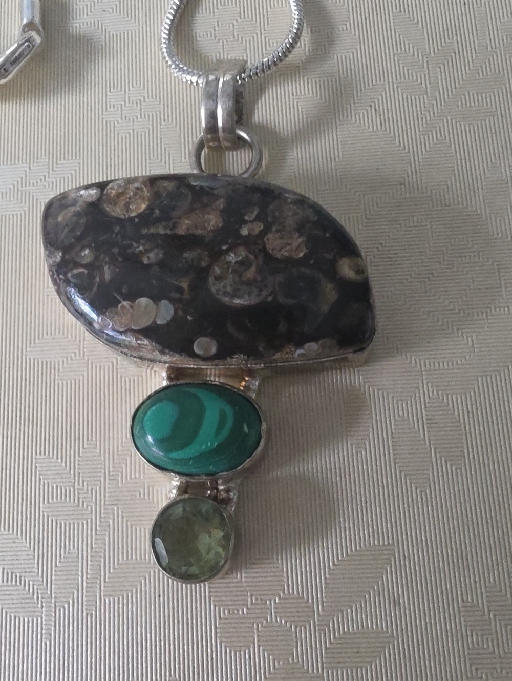 Silver Pendant Necklace with Green Malachite and Olive Gemstones